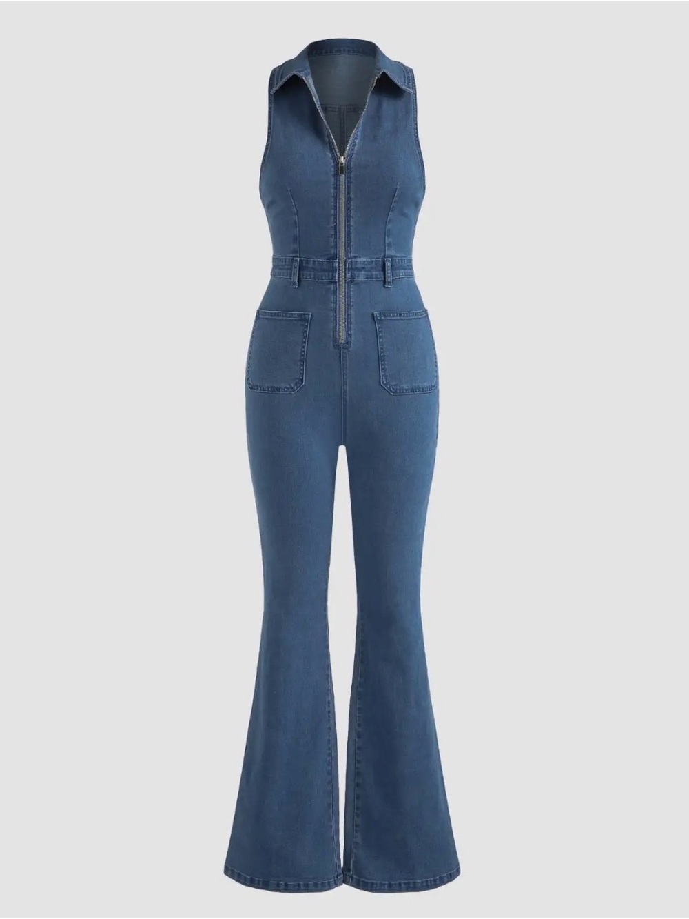Denim Zip-Front Sleeveless Jumpsuit in Blue